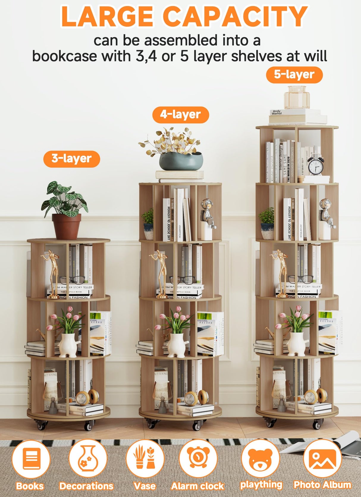 Baoz 5-Tier Rotating Bookshelf Tower, 360° Display Stackable Spinning Bookshelf with Wheels, Floor Standing Corner Revolving Bookcase, Rotating Book Shelf for Kids Rooms, Living Room, Bedroom - Wood Baoz