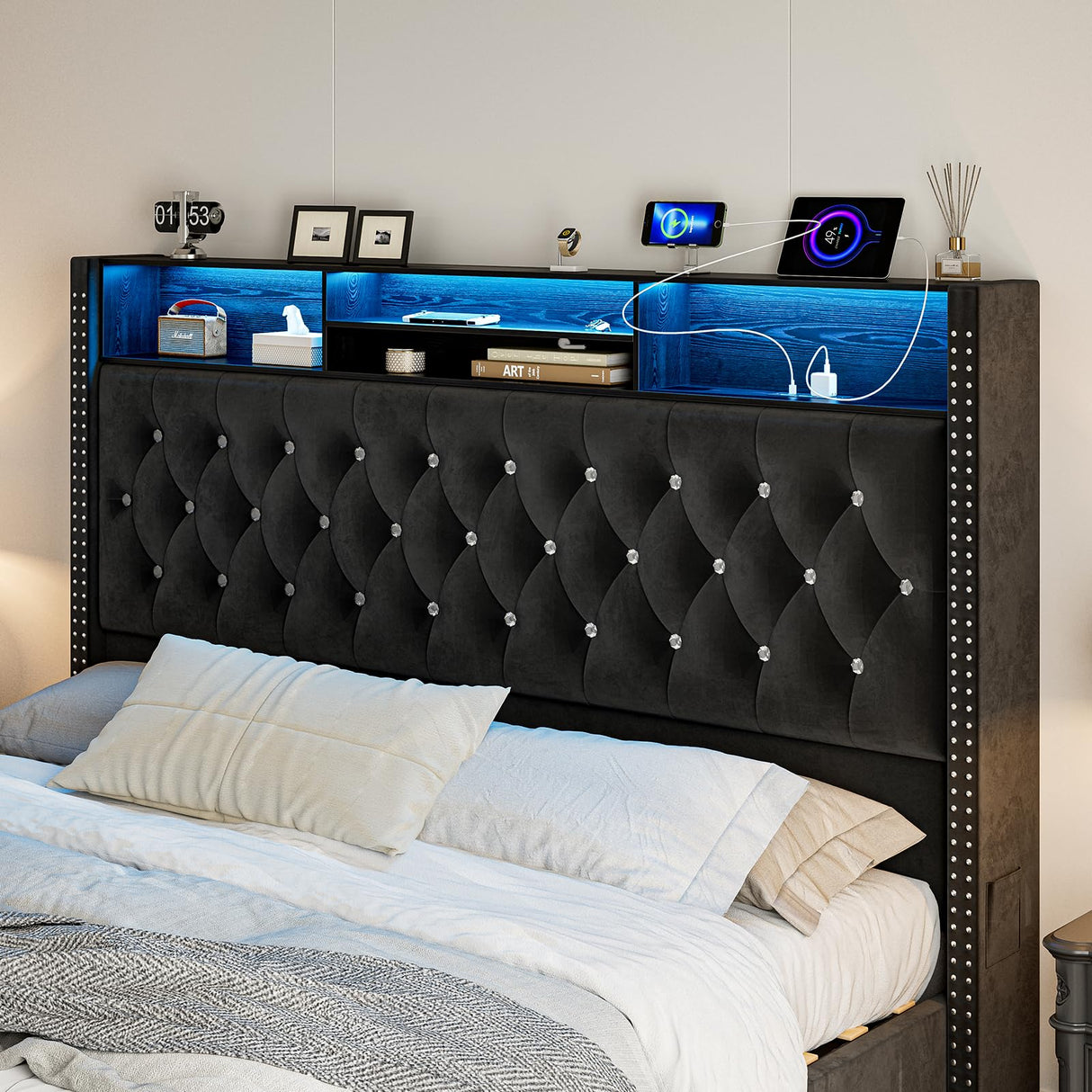 CIKUNASI Upholstered King Size Bed with Headboard and Storage, 60" Tall with 2 Drawers, Tufted Wingback Bed LED Light, Charging Station, No Box Spring Needed CIKUNASI