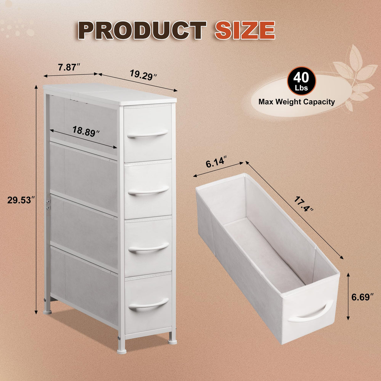 EKNKOZY Narrow Dresser Storage Tower with 4 Drawers, Slim Dresser Chest of Drawers with Steel Frame, Wood Top, Dresser for Bedroom, Bathroom, Small Spaces, Laundry, Closet (White) EKNKOZY