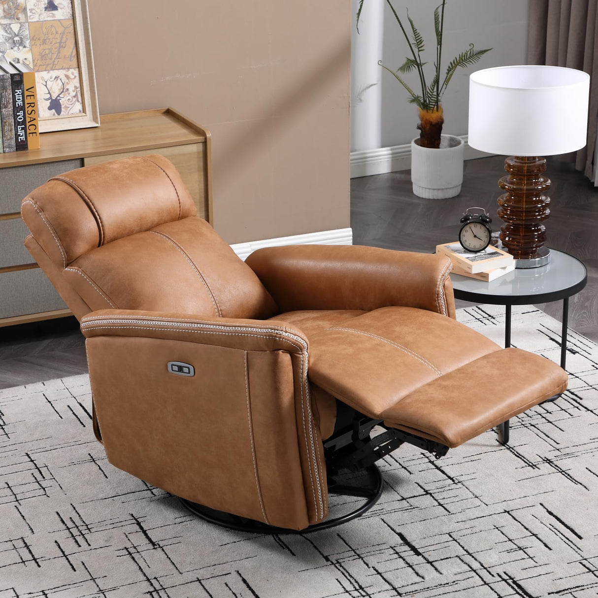 CANMOV Faux Leather Power Swivel Rocker Recliner,Glider Recliner for Nursery,Electric Swivel Rocker with USB Port,Upholstered Nursery Glider Reclining Sofa for Living Room,Brown CANMOV
