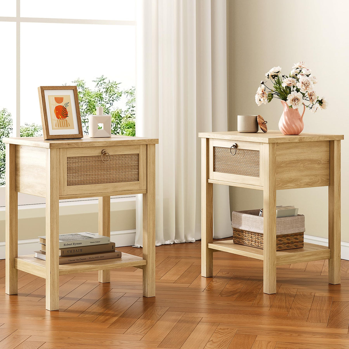 Jocoevol Rattan Boho Nightstand (Natural, 2 Pieces) Jocoevol