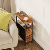 TRIFEBLE End Table with Charging Station, Narrow Side Table with 2 Fabric Drawers, Skinny Nightstand with LED Light, Slim Bedside Table for Bedroom, Living Room, Small Spaces, Rustic Brown TRIFEBLE