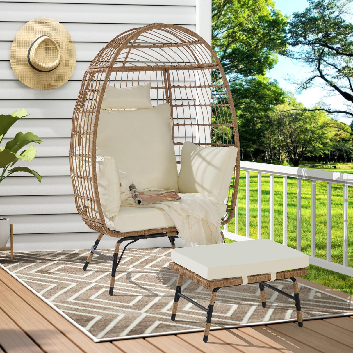 RuiSiSi Wicker Egg Chair, Rattan Egg Chair Indoor Outdoor, Oversized Large Egg Chairs with Ottoman and Thick Cushions for Porch Backyard Balcony, Beige RuiSiSi
