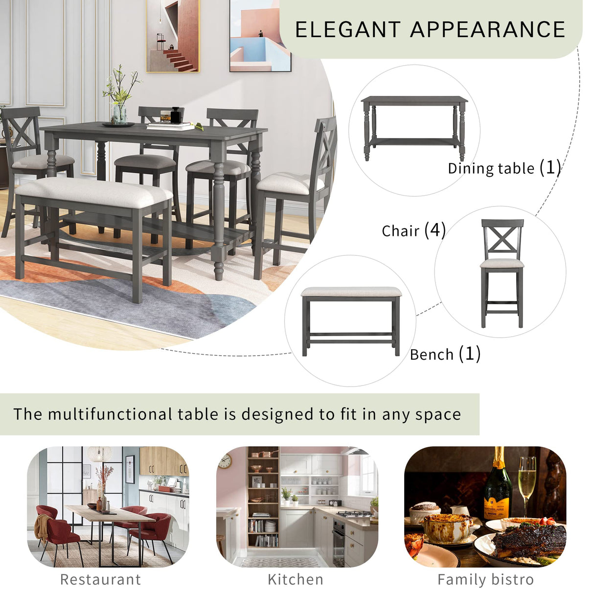 Bellemave Kitchen Dining Table Set for 6, Counter Height Dining Table with Shelf, 4 Chairs and Bench, 6 Piece Wood Rectangular Dining Room Set, Easy Assembly (Gray) Bellemave