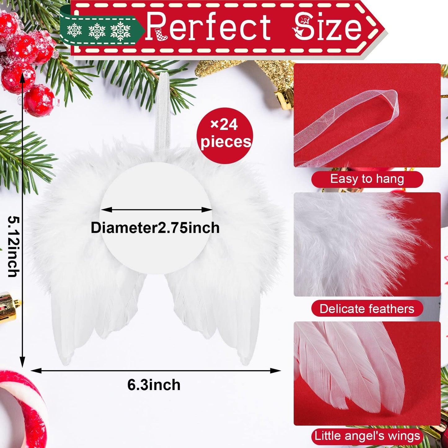 Christmas Sublimation Ornament Blank Decor White Angel Wings DIY Xmas Ornament Craft Hanging, Feather Hanging with Pendants for Christmas Tree Angel Wings Decor(24 Pcs,Round Style)