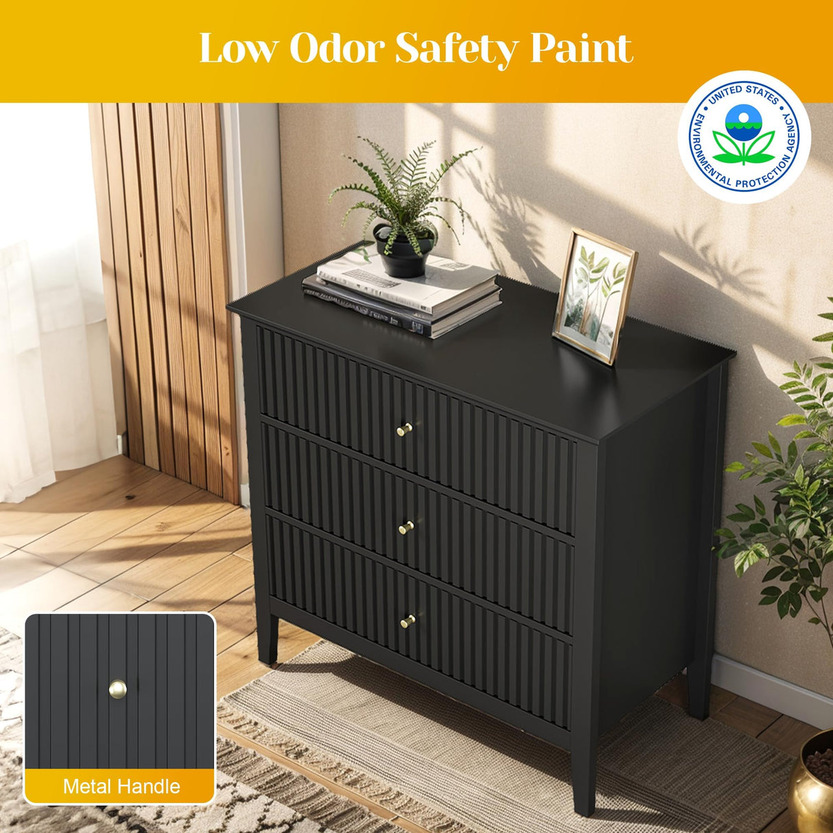 May in Color Large Black Fluted 3 Drawer Dresser Set of 2, Chest of Drawers with Ball Bearing Slide Modern 30 inch Tall Wood Nightstand with Spacious Storage for Bedroom Hallway Living Room Entryway May in Color