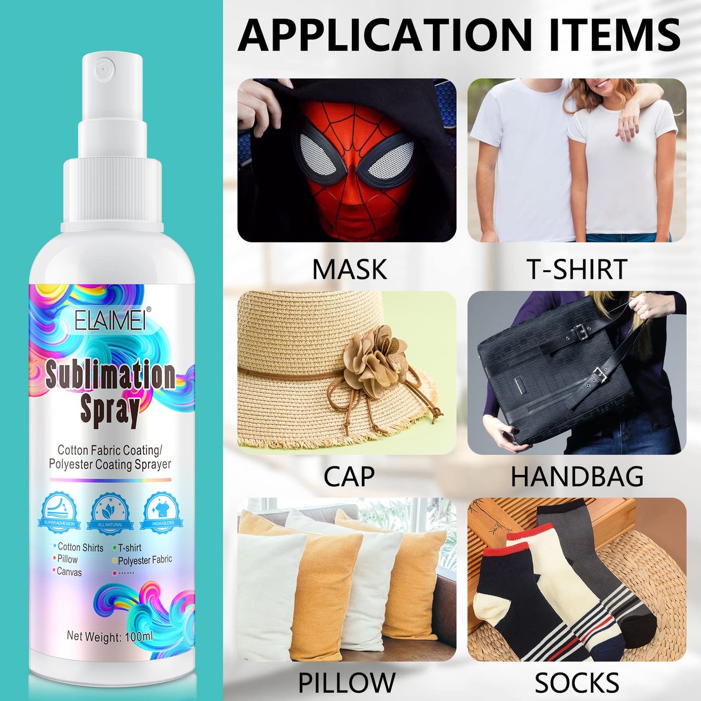 100ml Sublimation Spray, Sublimation Coating Spray for All Fabric, Including 100% Cotton, Polyester, Carton, Tote Bag, Pillows, Mugs, Canvas, Quick Dry & Super Adhesion, High Gloss Vibrant Color