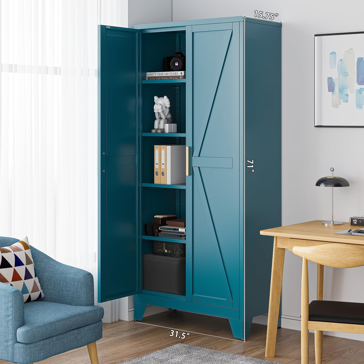 Washsemba 71'' Farmhouse Metal Storage Cabinet with Barn Doors，Steel File Cabinet for Home Office，Kitchen Pantry 4 Adjustable Shelves，Freestanding Cupboard for Kitchen，for Office, Home (Peacock Blue) Washsemba