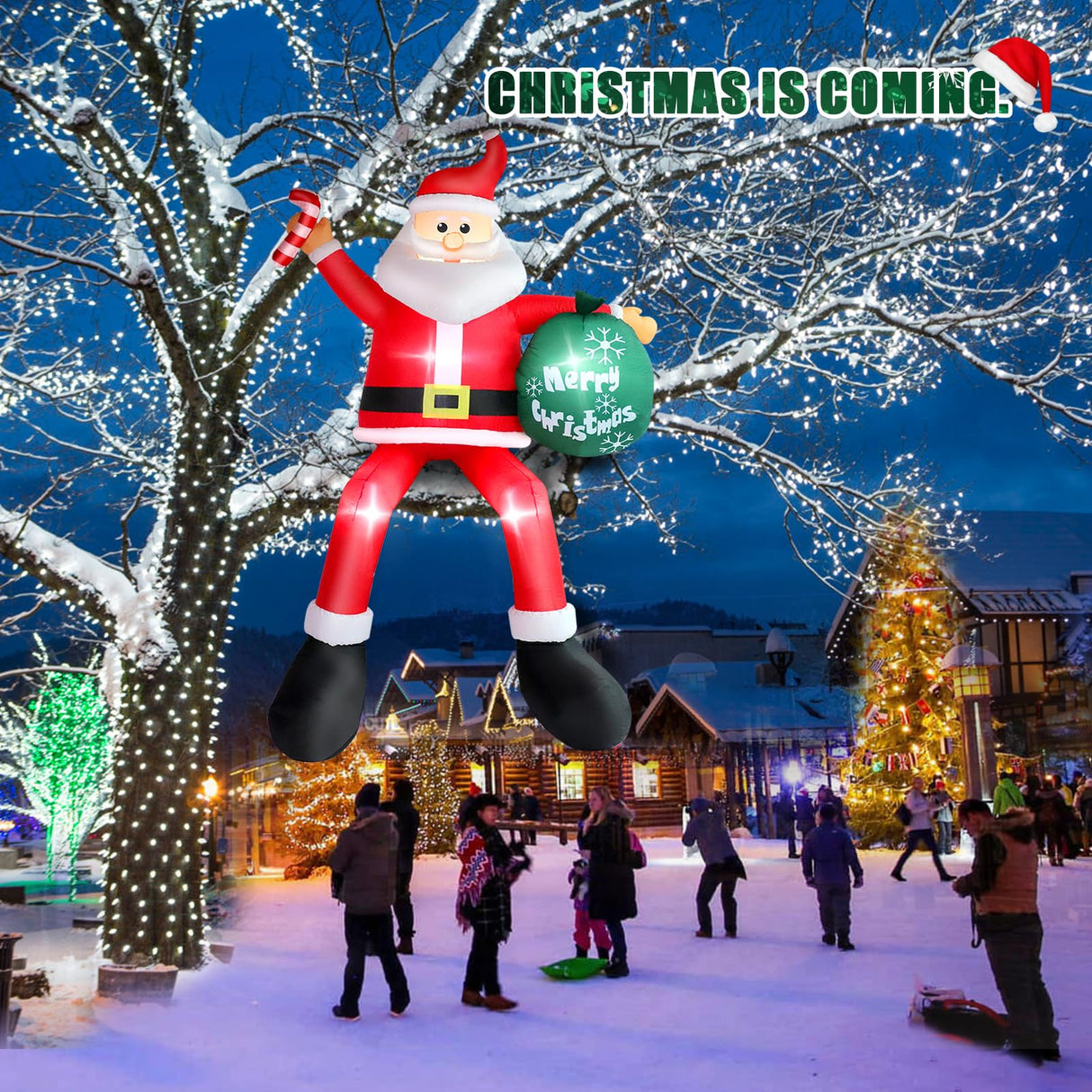 8FT Inflatable Sitting Santa Claus Christmas Outdoor Decorations, Blow Up Santa Claus with Gift Bag Sitting on Roof Wall Tree Chair, Xmas Outdoor/Indoor Decorations for Street House Patio Bench Shrubs FunFanso