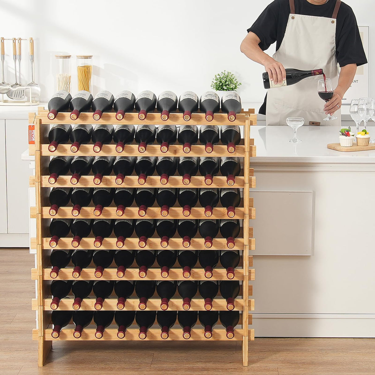 VEVOR 72 Bottle Upgrade Modular Wine Rack, Continuously Store Pinot Bottles, 8-Tier Bamboo Wood Storage Rack, Floor Freestanding Wines Holder Display Shelf, Wobble-Free Shelves for Kitchen Bar Cellar VEVOR