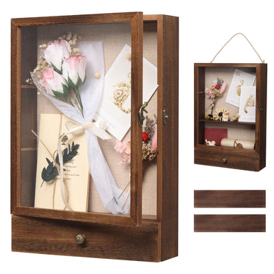 Wishtofly Shadow Box Frame 3 Deep, 11x16 Shadow Boxes Display Cases with Removable Shelves and Drawers, Wooden Memory Frames for Pictures, Flowers, Pet Memorial, Wedding Bouquet, Brown