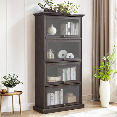 HIUU Brown Glass Display Curio Cabinet with Glass Doors,Brown Showcase Display Cabinet,Shelves with Flip-Up Glass Doors,Farmhouse Barrister Bookcase
