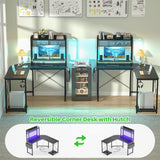 Besiost L Shaped Desk with Hutch, L shaped Computer Desk with Power Outlet and LED Lights, Reversible Corner Gaming Desk with Monitor Stand, L Shaped Desk Home Office Desk with Storage Bag, Black Besiost