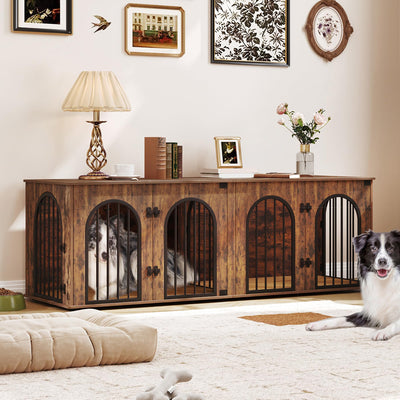 Hzuaneri 71" Dog Crate Furniture for 2 Dogs, Heavy Duty Indoor Dog Kennel TV Stand, XXL Wooden Dog Cage with Divider for Medium Large Dogs, End Table Dog Crate with Cushion, Rustic Brown DFC81901B
