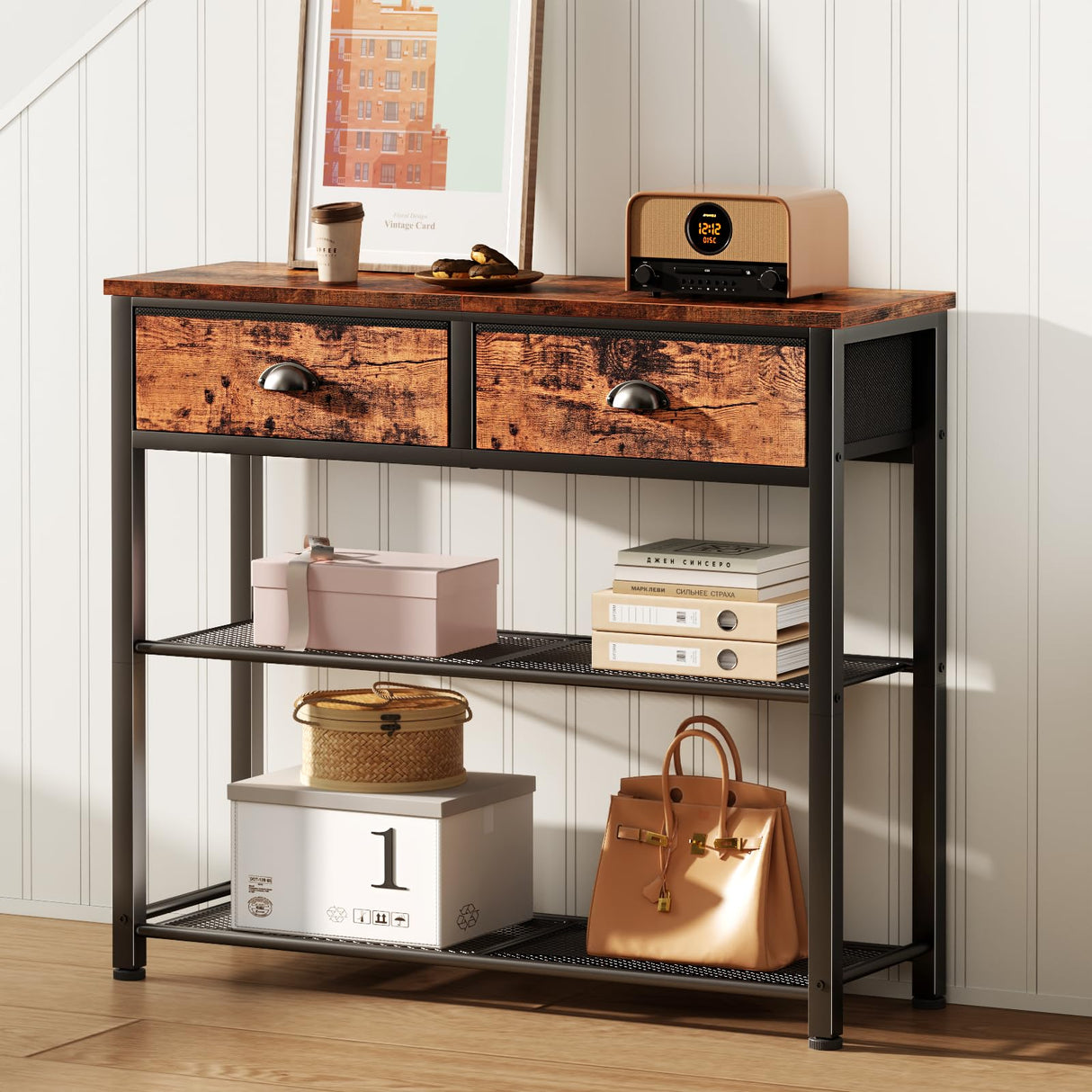 Furologee Console Sofa Table with Storage Shelf, Small 30'' Entryway Table with 2 Fabric Drawers, Industrial Table for Entry Way, Display Shelf for Hallway, Entrance, Foyer, Rustic Brown Furologee