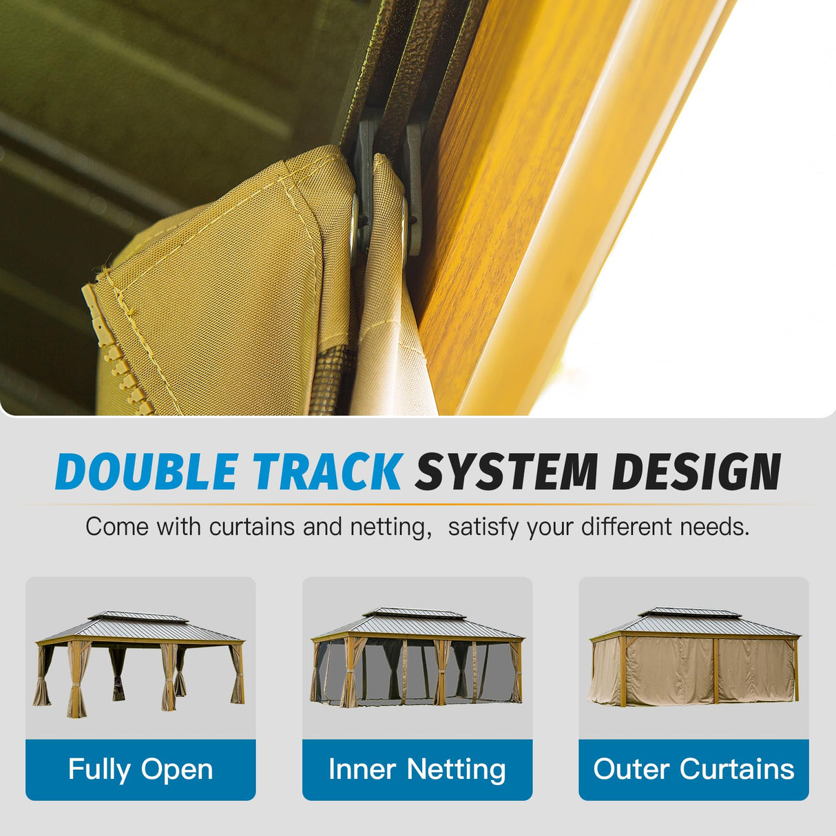 Domi Outdoor Living 14’x20’ Hardtop Gazebo, Wooden Coated Aluminum Frame Canopy with Galvanized Steel Double Roof, Outdoor Permanent Metal Pavilion with Curtains and Netting for Patio, Deck and Lawn domi outdoor living