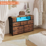 DRAWERHOM Dresser TV Stand with Power Outlets and LED Lights for 55'' TV, 11 Drawers Dresser with Side Pocket, Fabric Chest of Drawers with PU Finish, Sturdy Frame & Wood Top (Rustic Brown) DRAWERHOM