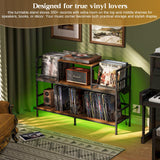 Record Player Stand with Power Outlets & LED Lights, Turntable Stand Cabinet Holds 350+ Vinyl Records, Storage Shelf with 3 Adjustable Dividers for Living Room Audio Video, Gift for Vinyl Lover Sonyabecca