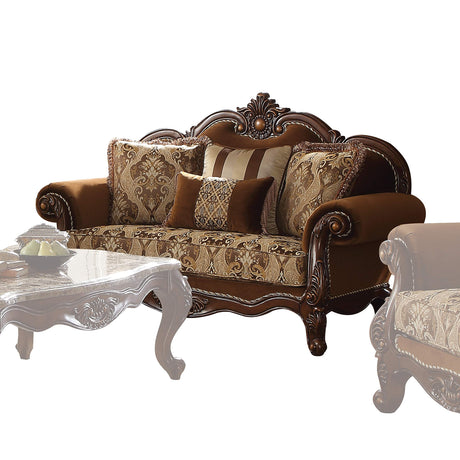 Acme Jardena Loveseat,Brown and Floral Fabric, Cherry Oak Wood Trim Acme