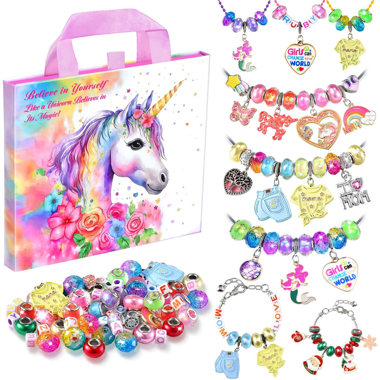 Girls Charm Bracelet Making Kit - Unicorn Jewelry Supplies Make Set DIY Art Craft Set Charm Bracelets Kits Creative Birthday Gifts for Kids Age 6 7 8 9 10 11 12 Year Old Girl Little Children Girl Toys COO&KOO