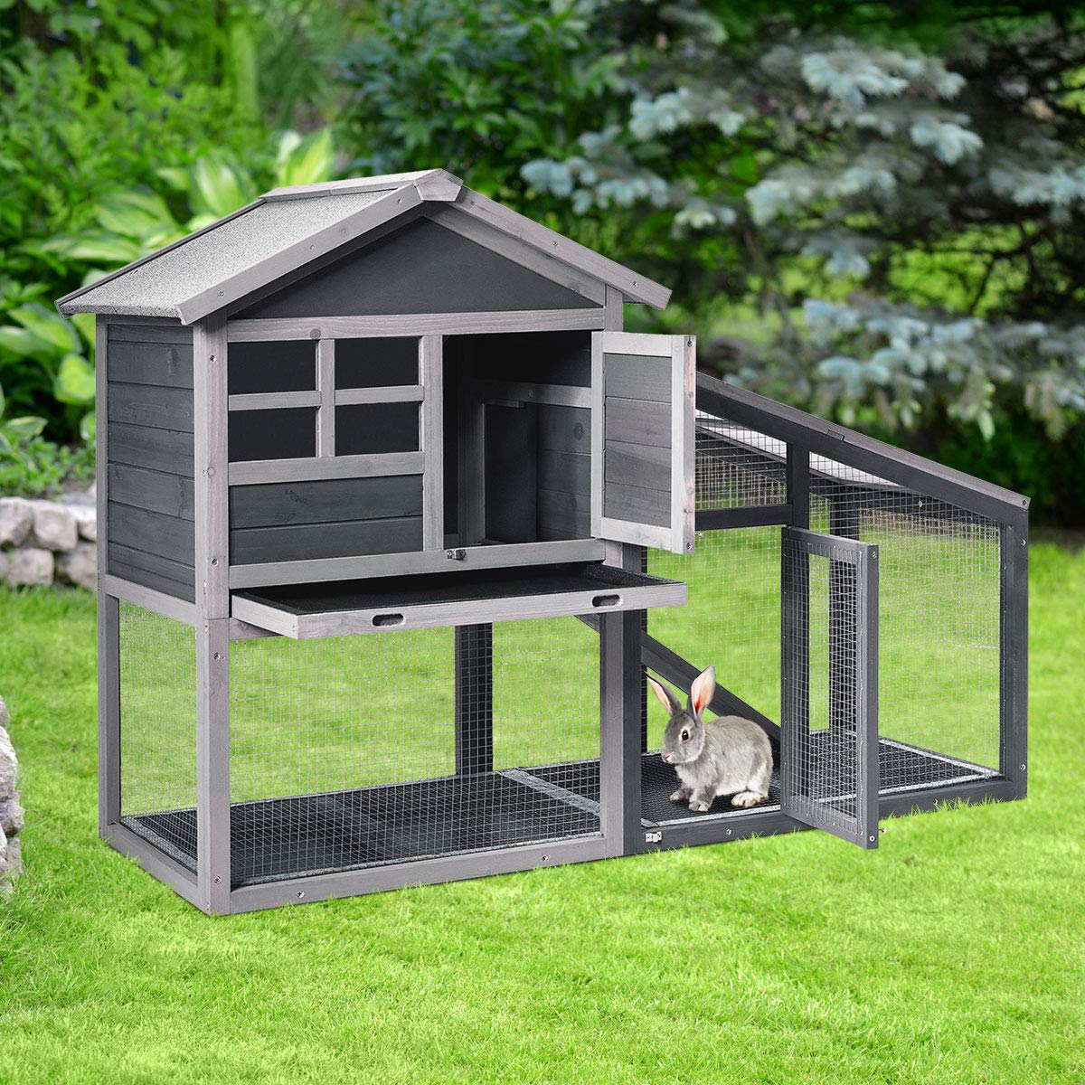 Tangkula Rabbit Hutch Indoor Outdoor, Wooden Chicken Coop, Bunny Hutch with Run, Ventilation Door, Removable Tray, Ramp, Sunlight Panel, Backyard Garden Animals Pet Cage (Gray)