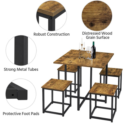 Yaheetech 5 Piece Dining Table & Chair Set - Compact Dining Table Sets Small Kitchen Table with 4 Stools for Dining Room Small Space -Rustic Brown - WoodArtSupply