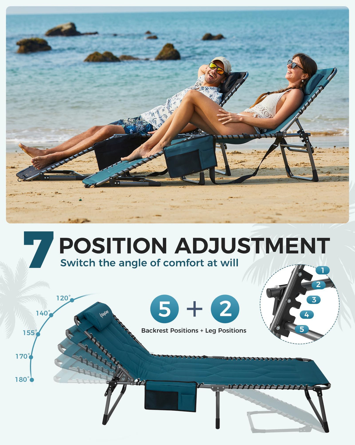 KingCamp Oversized Tanning Chair, Extra-Wide Padded Folding Chase Lounge Chairs Portable Adjustable 5-Position 400lbs Heavy Duty Lounger with Double-Layer Oxford for Outdoor Beach Patio Sun Pool KingCamp