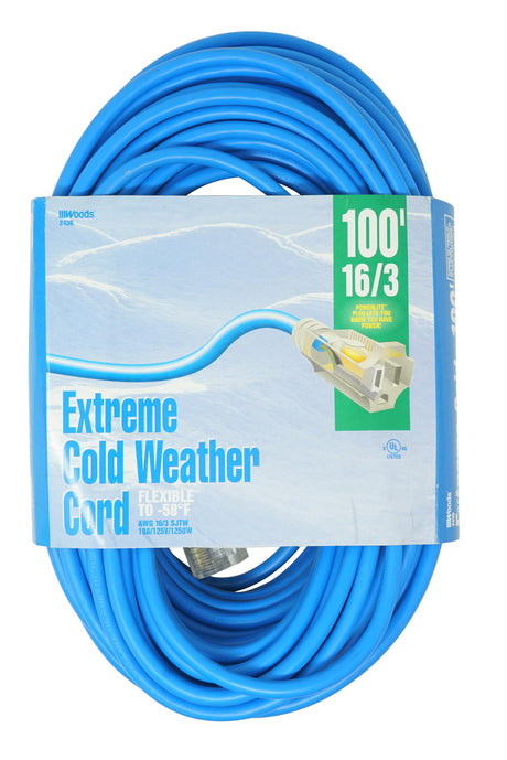 Southwire Coldflex Light Duty Extension Cord, 100Ft, 16 Gauge, 3 Conductor, Cold Weather Cord, Blue, 2436 Southwire