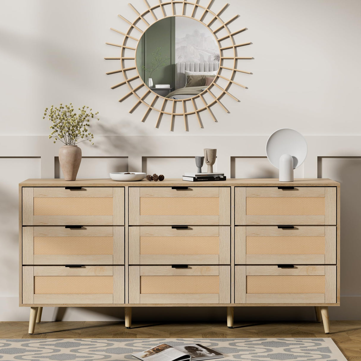 Anbuy 9 Drawer Dresser and Night stand Sets for Bedroom, One Drawer Nightstands Set of 2 & 9 Drawer Dresser Combo 3 Pieces (Natural) Anbuy