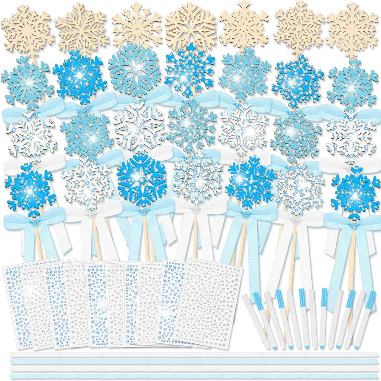 Juexica 78 Pcs Princess Snowflake Fairy Wand Kit Includes 48 Make Your Own Craft 6 Styles Unfinished Wooden Snow Wand and 12 Gem Stickers 4 Rolls Ribbon 12 Pcs Pen for Girls DIY Magical Craft Juexica