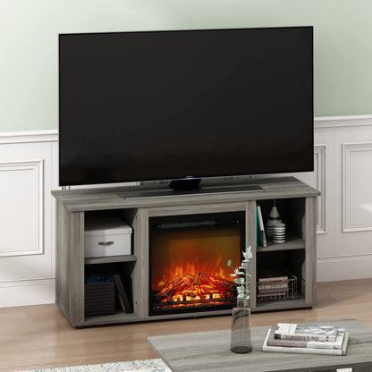 Furinno Jensen Fireplace Entertainment Center TV Stand with Open Storage for TV up to 55 Inch, French Oak Grey