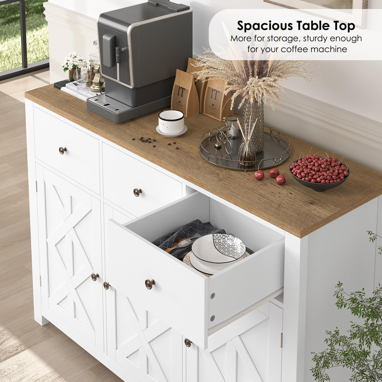 finetones Buffet Cabinet with Storage, 47.3” Farmhouse Sideboard Buffet Cabinet, White Kitchen Cabinet Display Cabinet with 3 Drawers and 3 Doors, Wood Coffee Bar Cabinet for Kitchen Dining Room finetones