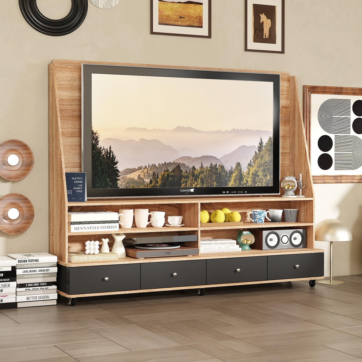 Homsee 70" W Mobile Wall Unit Entertainment Center with Height Adjustable TV Mount Stand for TVs up to 65", Rolling TV Stand Media Console Table with Storage Shelves & Drawers for Living Room, Oak Homsee