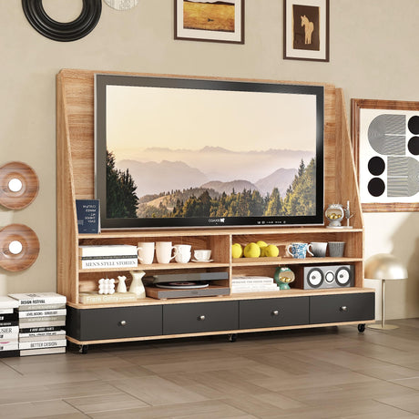 Homsee 70" W Mobile Wall Unit Entertainment Center with Height Adjustable TV Mount Stand for TVs up to 65", Rolling TV Stand Media Console Table with Storage Shelves & Drawers for Living Room, Oak Homsee