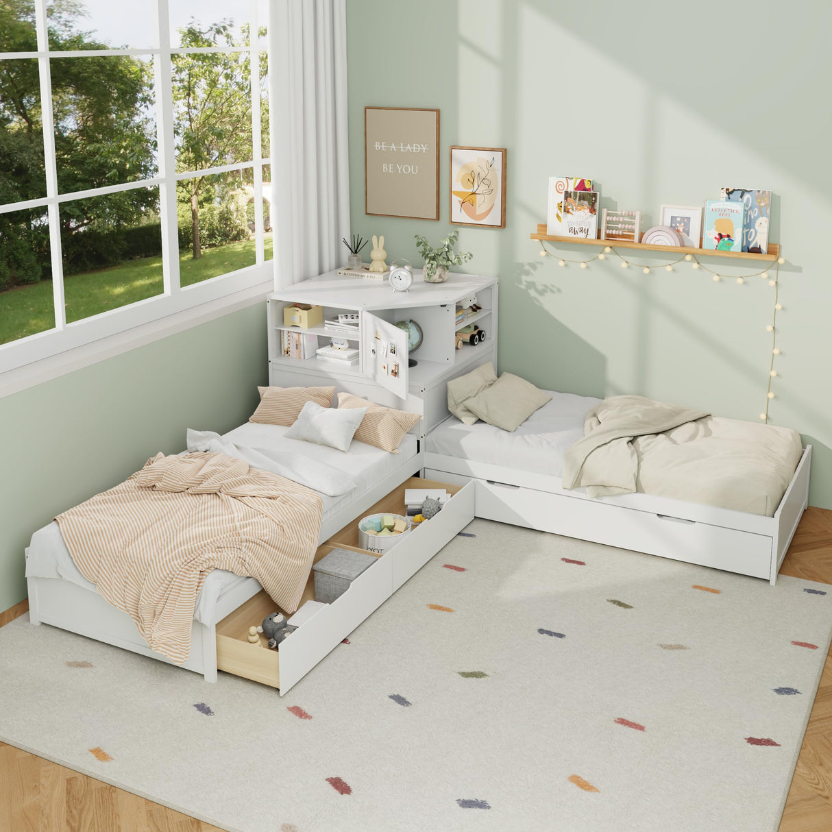 Merax L-Shaped Combination Twin Bed Frame with Trundle,Drawer,Built-in Desk,3-in-1 Design for Bedroom Merax