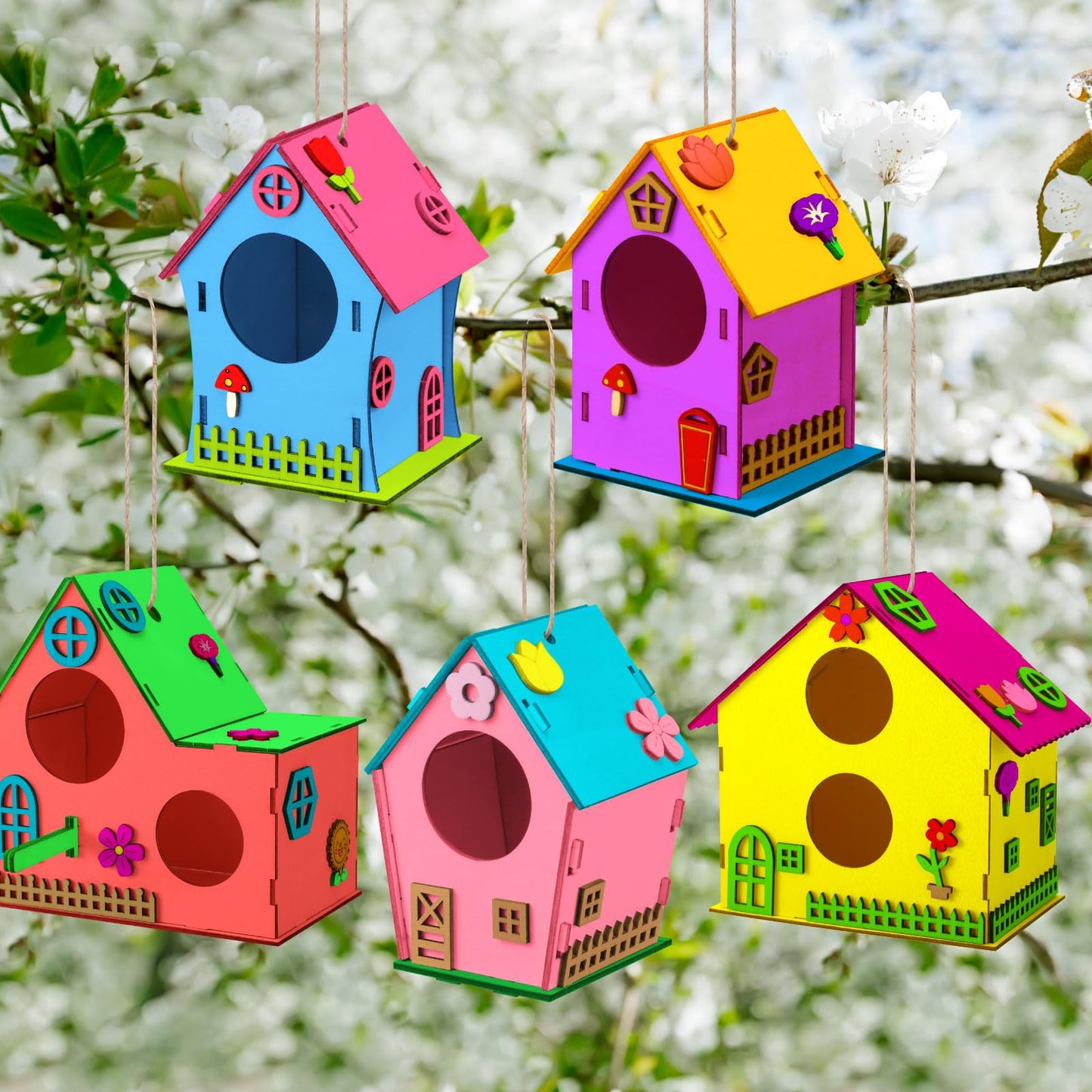 Colingmill 6 Pcs DIY Bird House Wooden Kits for Kids to Paint and Built Unfinished Wood Birdhouse Art Crafts with Paints and Brushes for Kids Girls Boys Toddlers Gifts