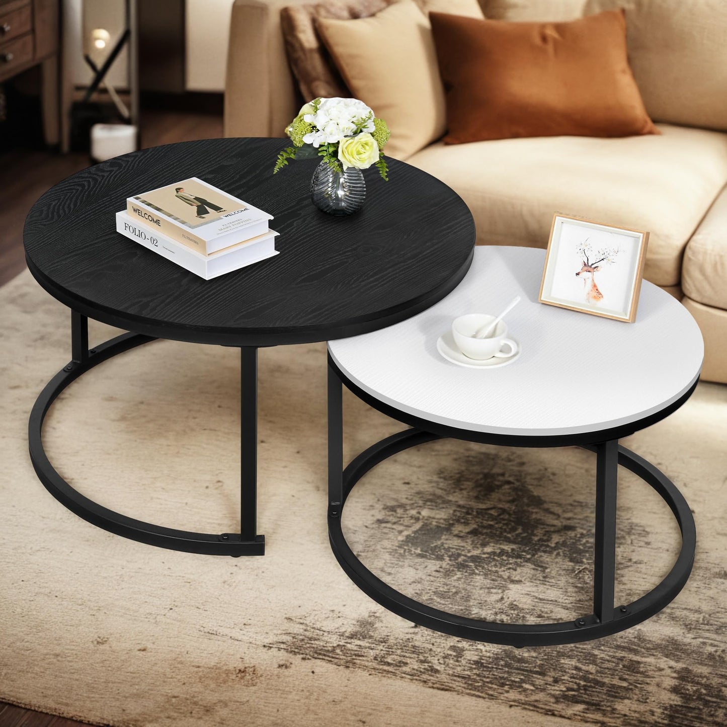 YITAHOME Round Coffee Table Set of 2 End Table for Living Room, Modern Nesting Side Tables Wood Coffee Tables with Sturdy Metal Frame, Black and White