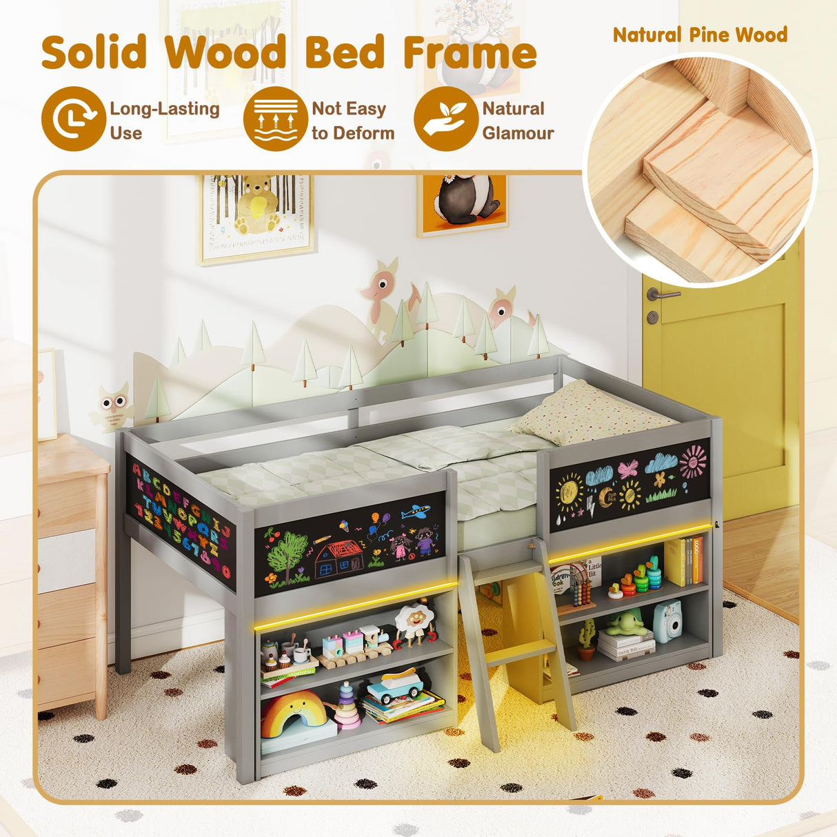 Giantex Low Loft Bed with LED Lights, Wooden Twin Size Loft Bed with Ladder & Blackboard, Twin Bed Frames for Kids with Storage 2 Bookcases and Play Space, Grey Giantex