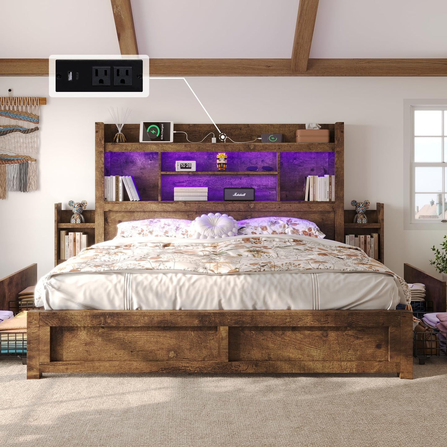 LUXOAK Rustic Brown King Bed Frame with Bookcase Headboard, RGB LED, Charging Station, and Storage Drawers - WoodArtSupply