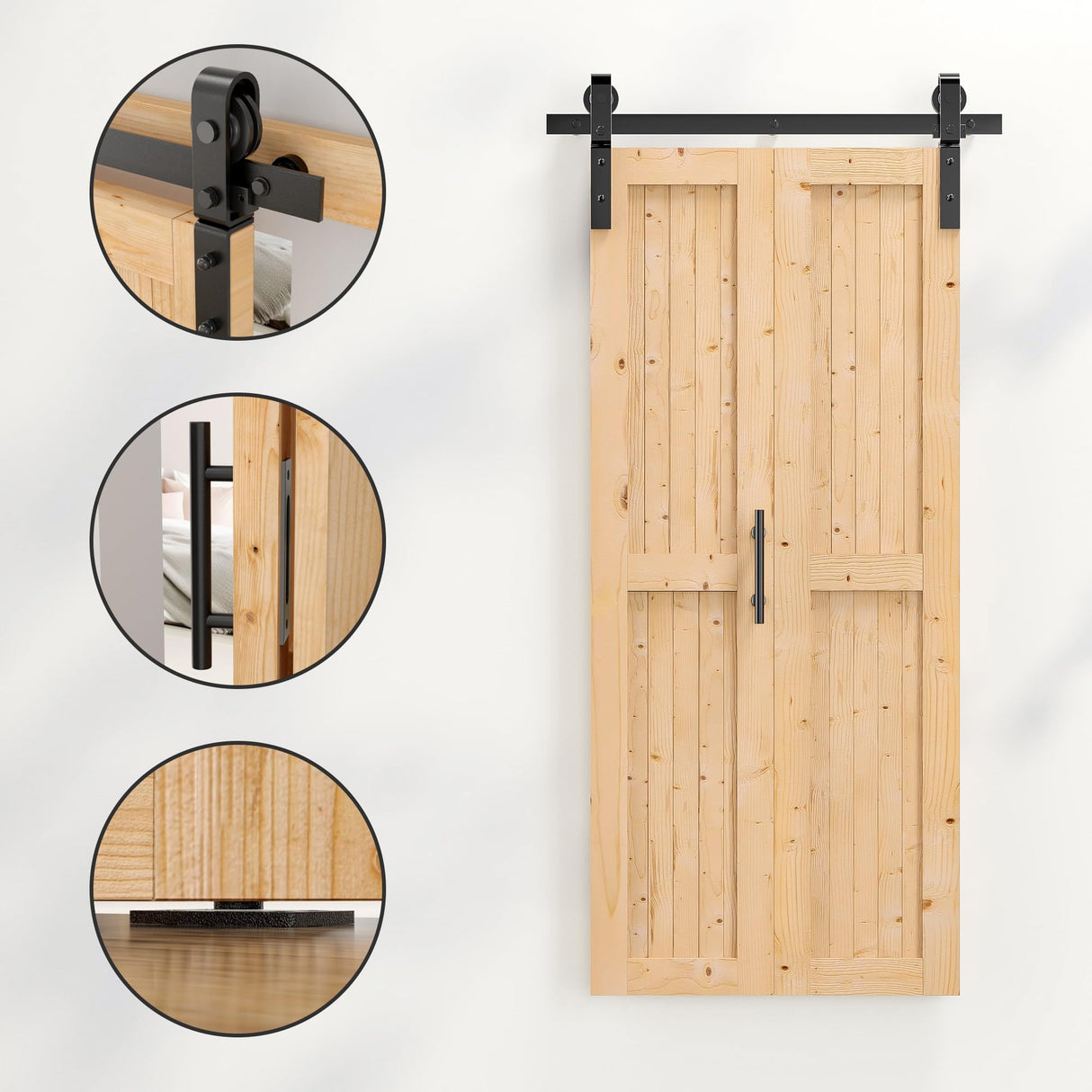 SANKEYTEW 36"x84" Bi fold Barn Door with 40" Bifold Barn Door Hardware Kit for 2 Doors, No-Assembly Solid Spruce Wood Folding Doors, Barn Door Hardware, and Double Sided Handle Pulls Included SANKEYTEW