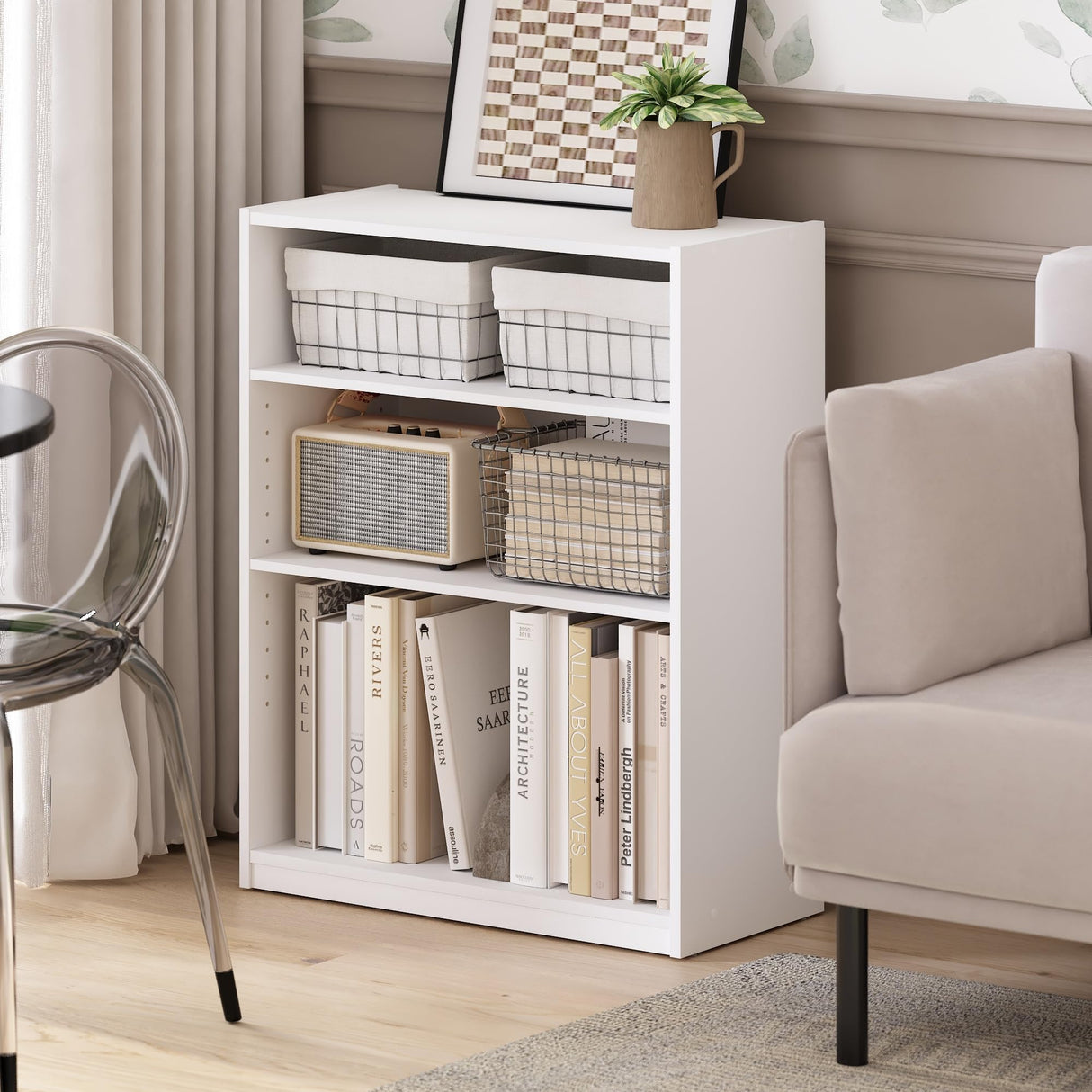 Furinno GEHRY Book Shelf, 3-Tier Bookshelf, Bookcase with Adjustable Shelves, 11.6 x 24.8 x 31.6, for Living Room, Bedroom, Home Office, White Furinno