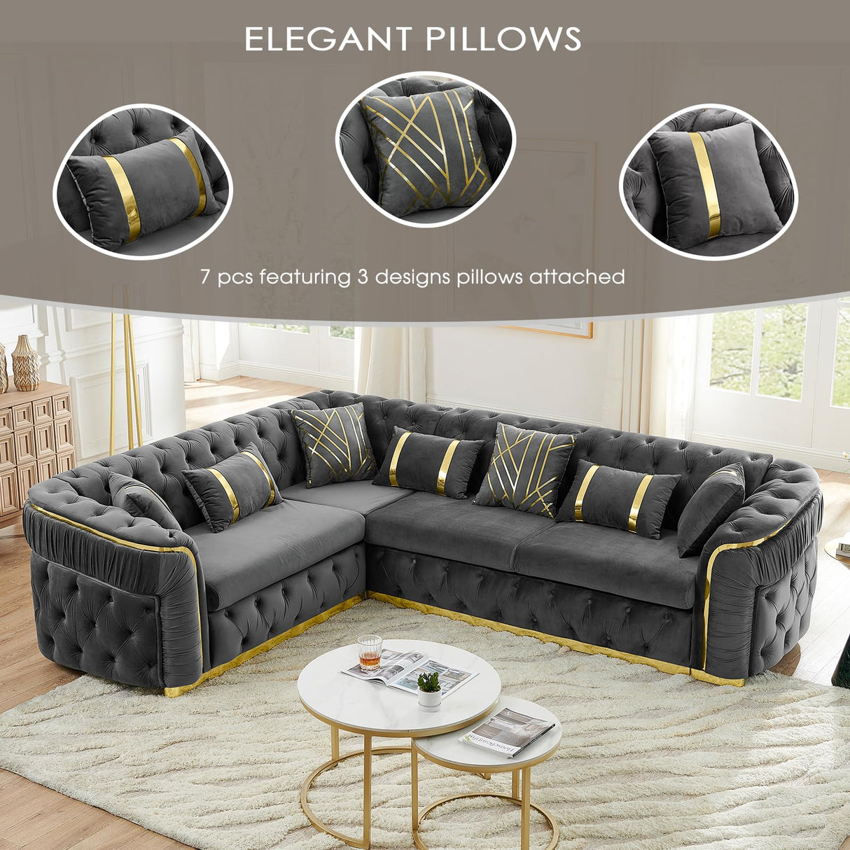 110.5" Luxury Velvet L Shape Chesterfield Sofa Set with Glod Metal Accents, Oversize Victorian Curved Arm Sofa Sectional Couches for Living Room with 7 Pillows, Left Chaise, Gray WIN FORCE