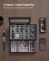 SONGMICS 8-Slot Wooden Watch Box With Solid Wood Veneer, 2-Tier Display Case, Transparent Window, Removable Pillows, Velvet Lining, Gift Idea, Ebony Black UJOW002B01 SONGMICS