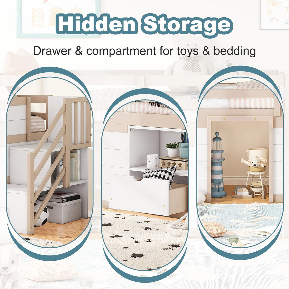 Okak Twin Size Low Loft Bed, Kids Loft Bed Frame with Playhouse, Drawer, Shelf, Stairs for Storage, Toddler Beds Frame with Safety Guardrail and Strong Wood Slats for Girls or Boys - White & Cream Okak