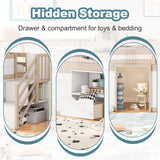 Okak Twin Size Low Loft Bed, Kids Loft Bed Frame with Playhouse, Drawer, Shelf, Stairs for Storage, Toddler Beds Frame with Safety Guardrail and Strong Wood Slats for Girls or Boys - White & Cream Okak