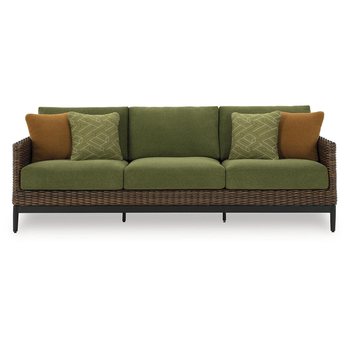 Signature Design by Ashley Horizon Hall Vintage Outdoor Weather Resistant Resin Wicker Sofa with Cushion and 2 Accent Pillows, Green & Dark Brown Signature Design by Ashley