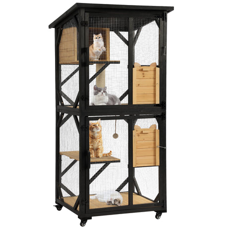 Grepatio Catio Outdoor Cat Enclosure Outside Wooden Cat House with Weatherproof Large Cat Cage Condo Outdoor Playpen with Platform and Sleep House Cat Scratching Board & Ball (Black) Grepatio