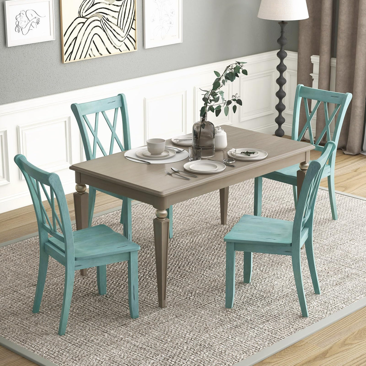 GOFLAME Wooden Dining Chairs Set of 4, Mid Century Farmhouse Kitchen Side Chairs with Ergonomic Seat & High Backrest, Armless Dinette Chairs with Rubber Wood Frame for Dining Room Living Room, Green GOFLAME