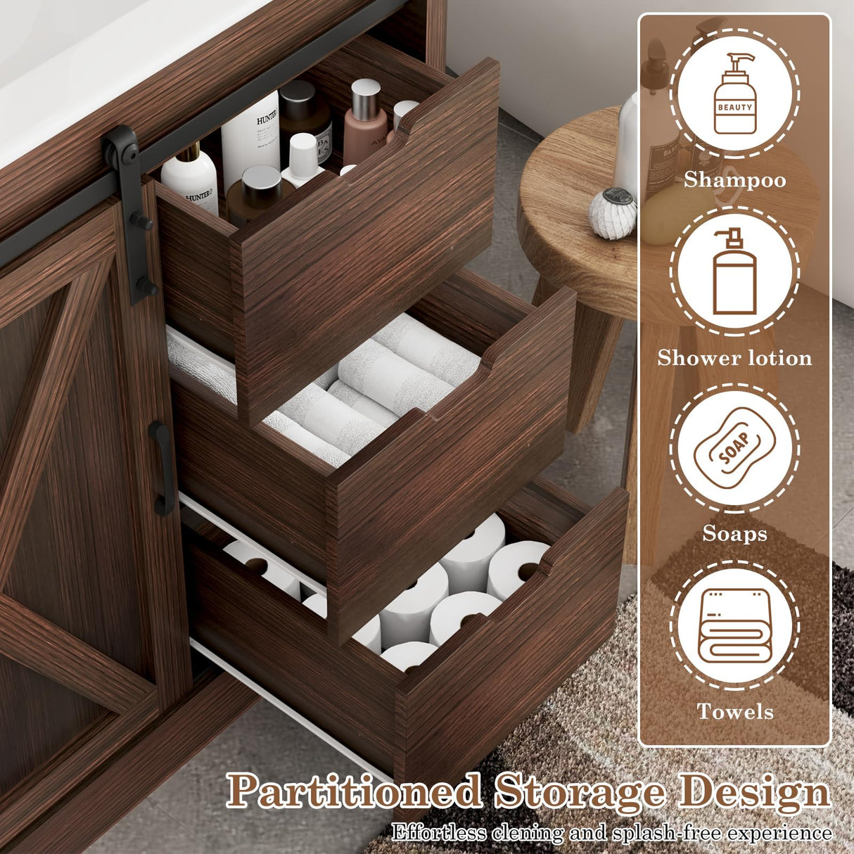 chartustriable 36 Inch Bathroom Vanity with Sink & Faucet & Mirror, Farmhouse Bathroom Vanity Cabinet Set with Sliding Barn Door & Drawers, Small Single Bath Storage Vanity Sink, Brown chartustriable