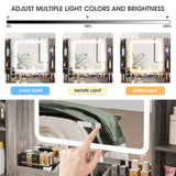 Vabches Makeup Vanity Desk, Vanity Mirror with Lights Desk and Chair,Makeup Table with 3 Large Drawers and 2 Cabinets, Time and Temperature Display, 3 LED Lighting Modes Adjustable, Grey Vabches